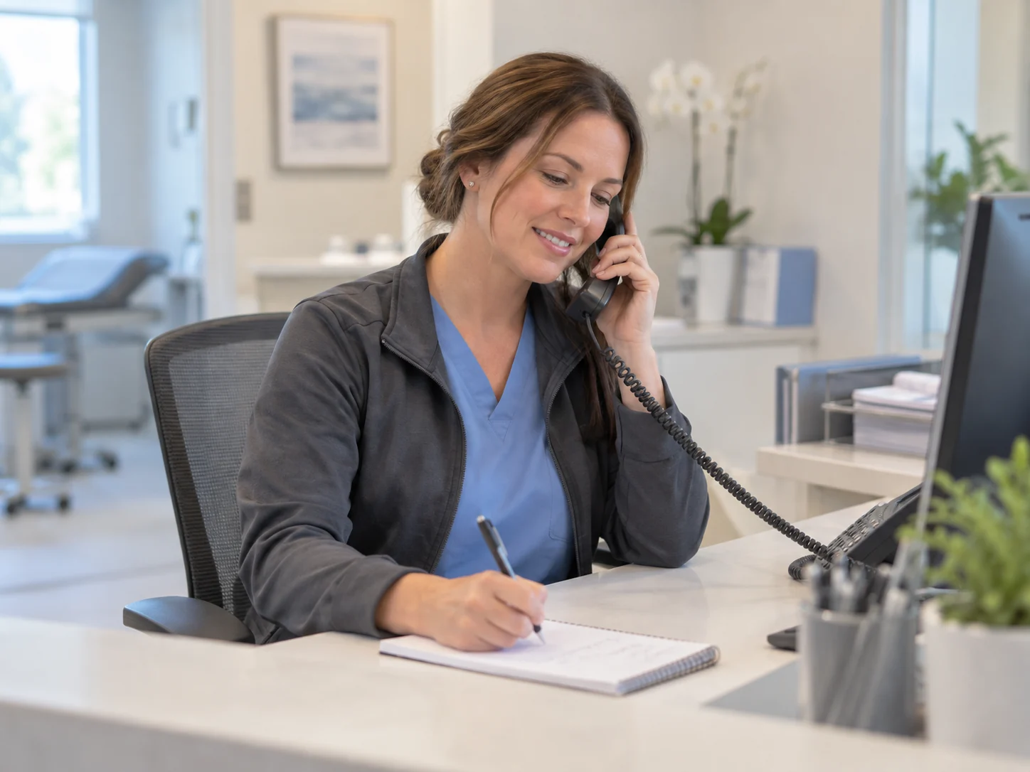 Illustrative healthcare coordinator helping a caller in a medical office