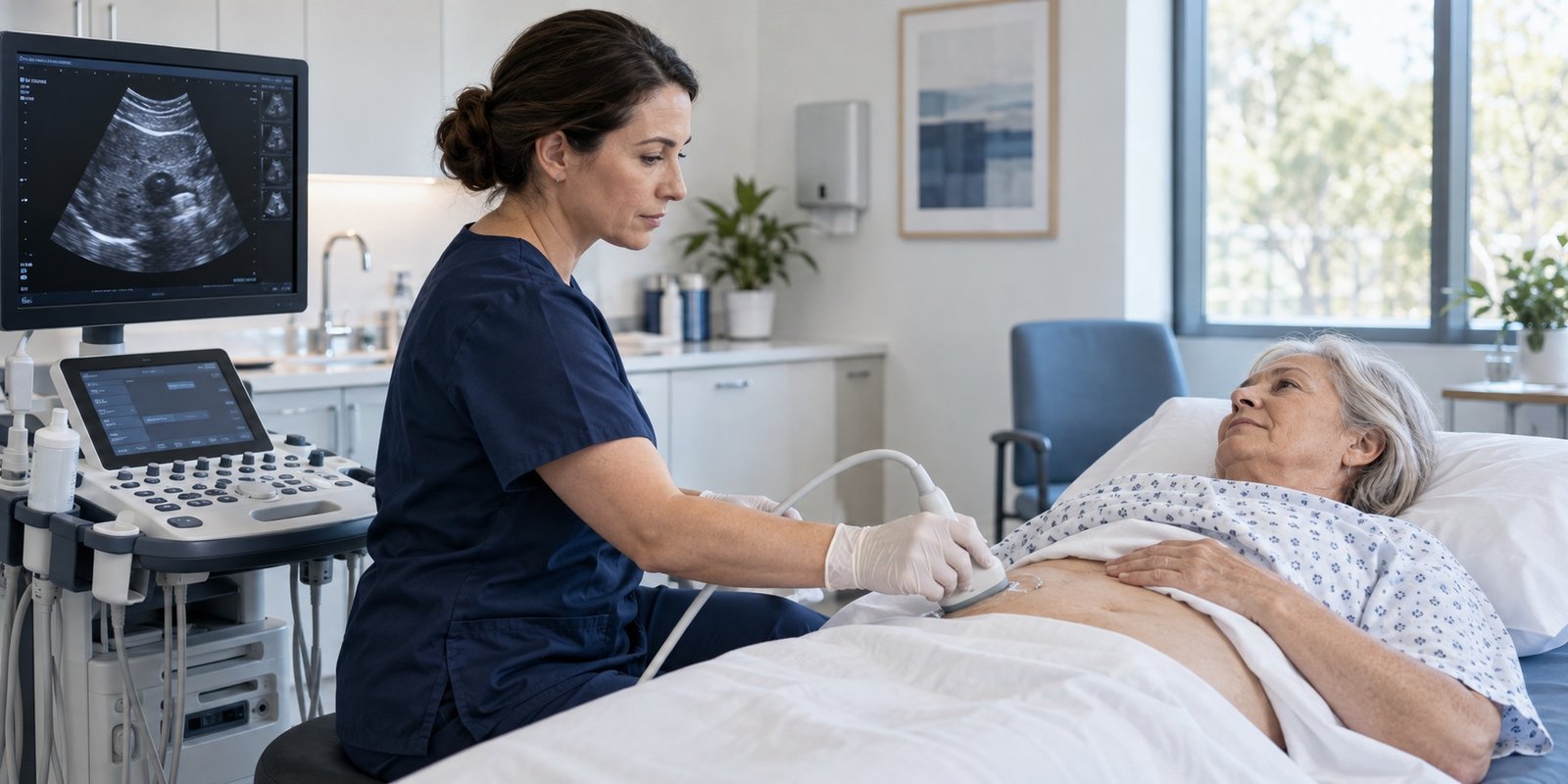Illustrative sonographer performing an ultrasound examination for an older adult