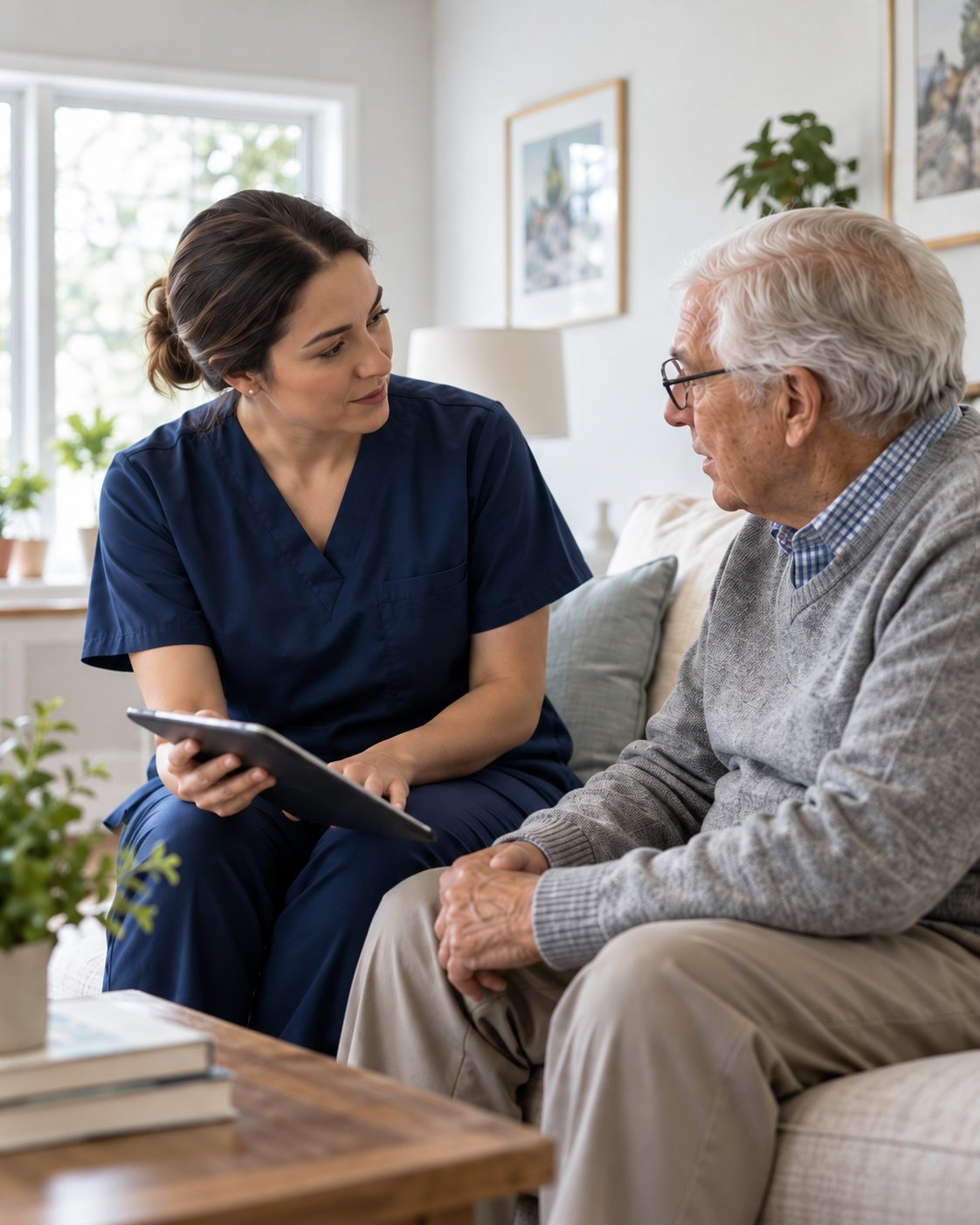 Illustrative home-care consultation between an ultrasound specialist and an older adult