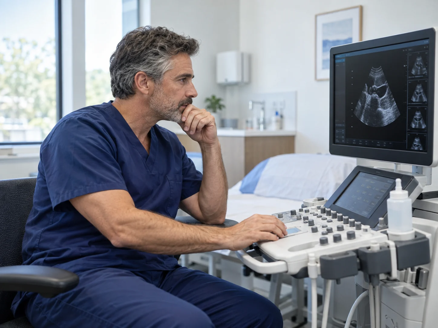Illustrative clinician reviewing an ultrasound image at a diagnostic workstation